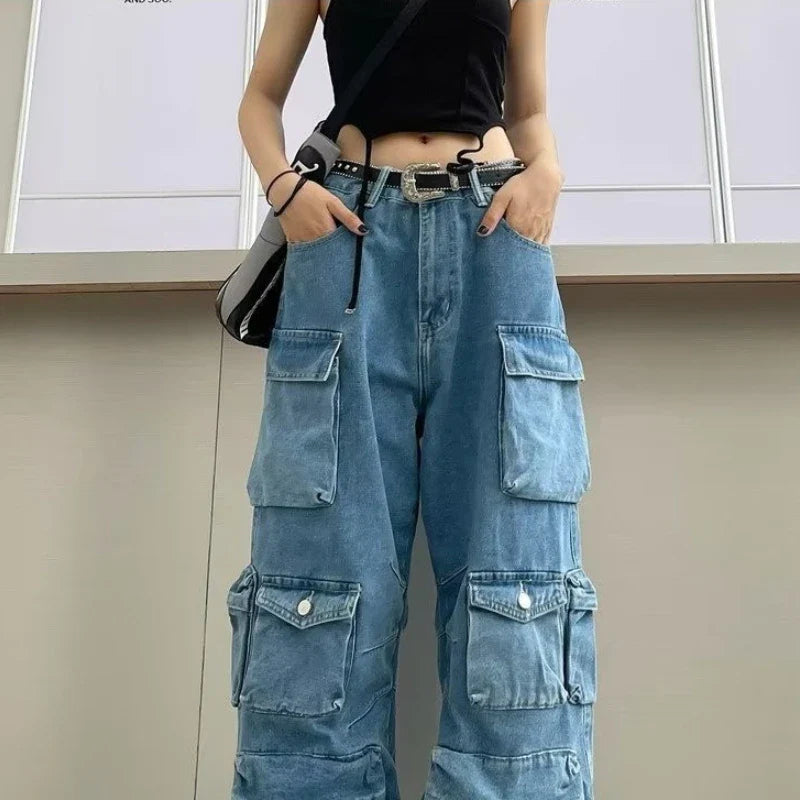 Jeans Feminino Moderno para Trabalho | Jeans Preto e Cinza de Rua com Vários Bolsos | Design Funcional Americano de Cintura Alta