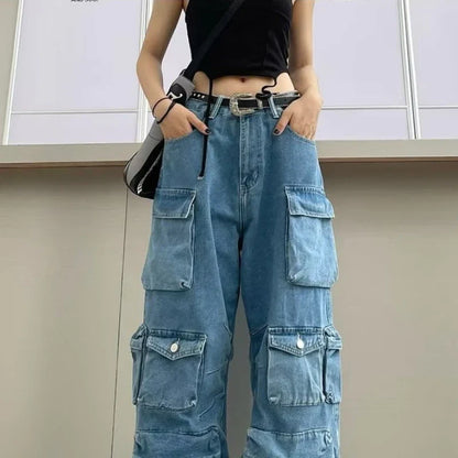 Jeans Feminino Moderno para Trabalho | Jeans Preto e Cinza de Rua com Vários Bolsos | Design Funcional Americano de Cintura Alta