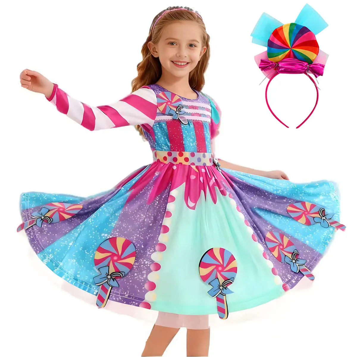 Presente Clássico para Festa de Carnaval de Purim para Meninas Vestido Arco-Íris Assimétrico Longo e Curto com Manga Doce Conjunto de Vestidos Fofos para Férias de Natal