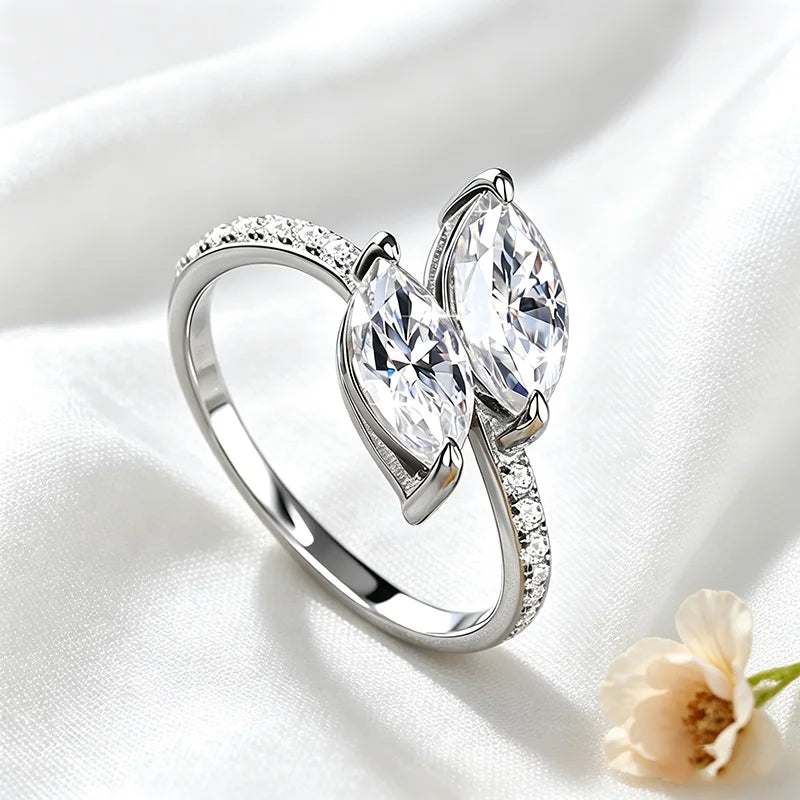 Double Marquise Cut 1CT Moissanite Wedding Rings for Women Luxury Couple Jewelry S925 Sterling Silver Plated 18K Gold