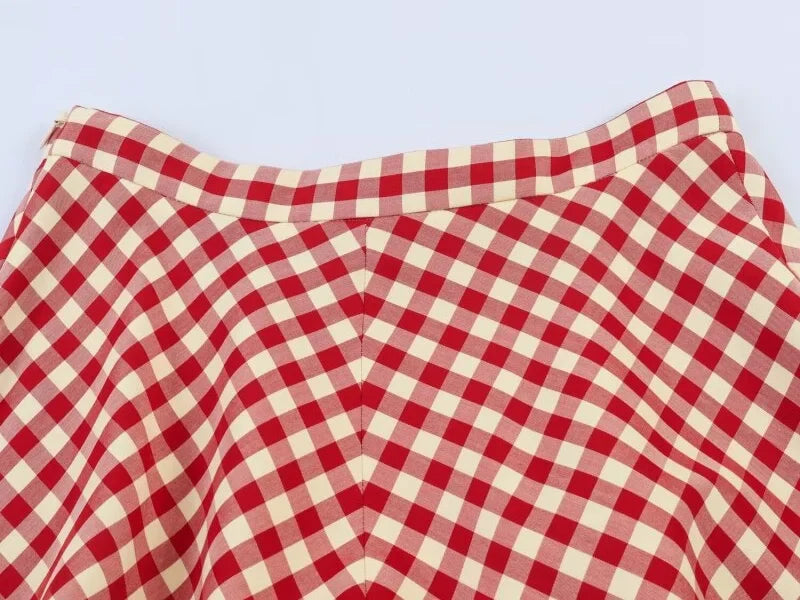 Women's Red Gingham A-Line Midi Skirt – High Waist, Flared Hem, Spring Casual Skirt for Picnic & Outdoor Outings