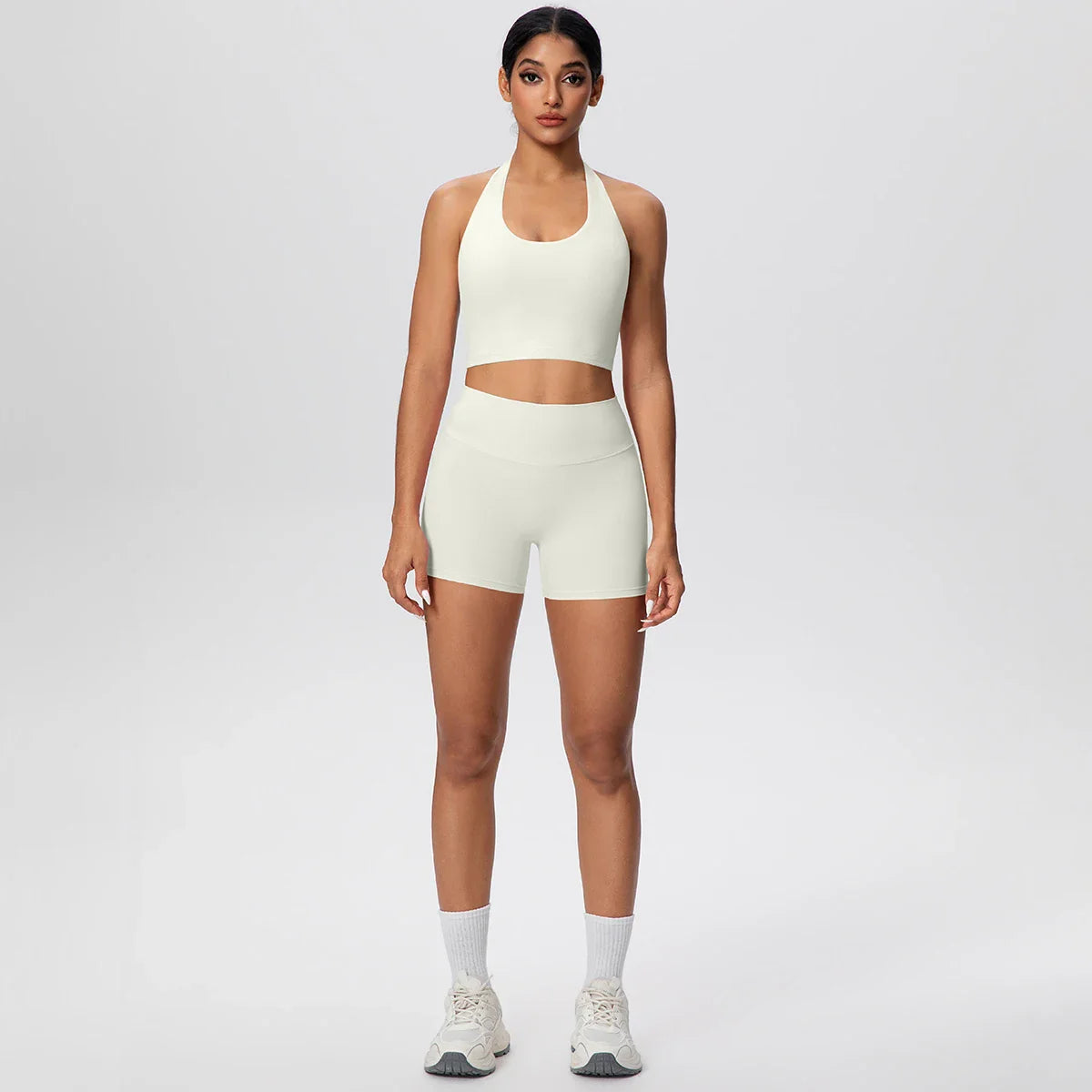 2picese Women Yoga Suit Solid Color High Waist Hip Push Up Fitness Shorts Sexy Pilates Backless Gym Hanging Neck Bra Yoga Set