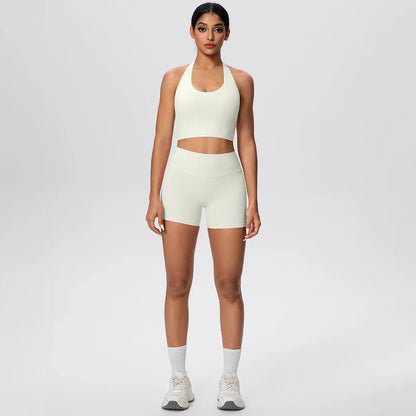 2picese Women Yoga Suit Solid Color High Waist Hip Push Up Fitness Shorts Sexy Pilates Backless Gym Hanging Neck Bra Yoga Set