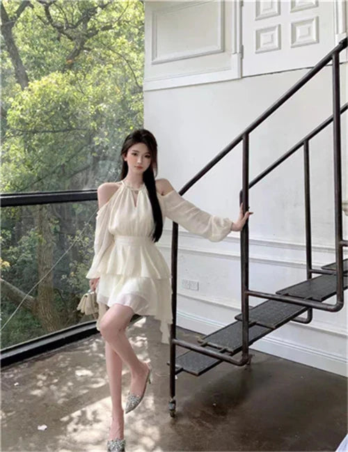 Dresses Women Hollow Out Design Chic Defined Waist Off-shoulder Ruffles Popular Long Sleeve Vestidos Gentle Sweet Spring Summer