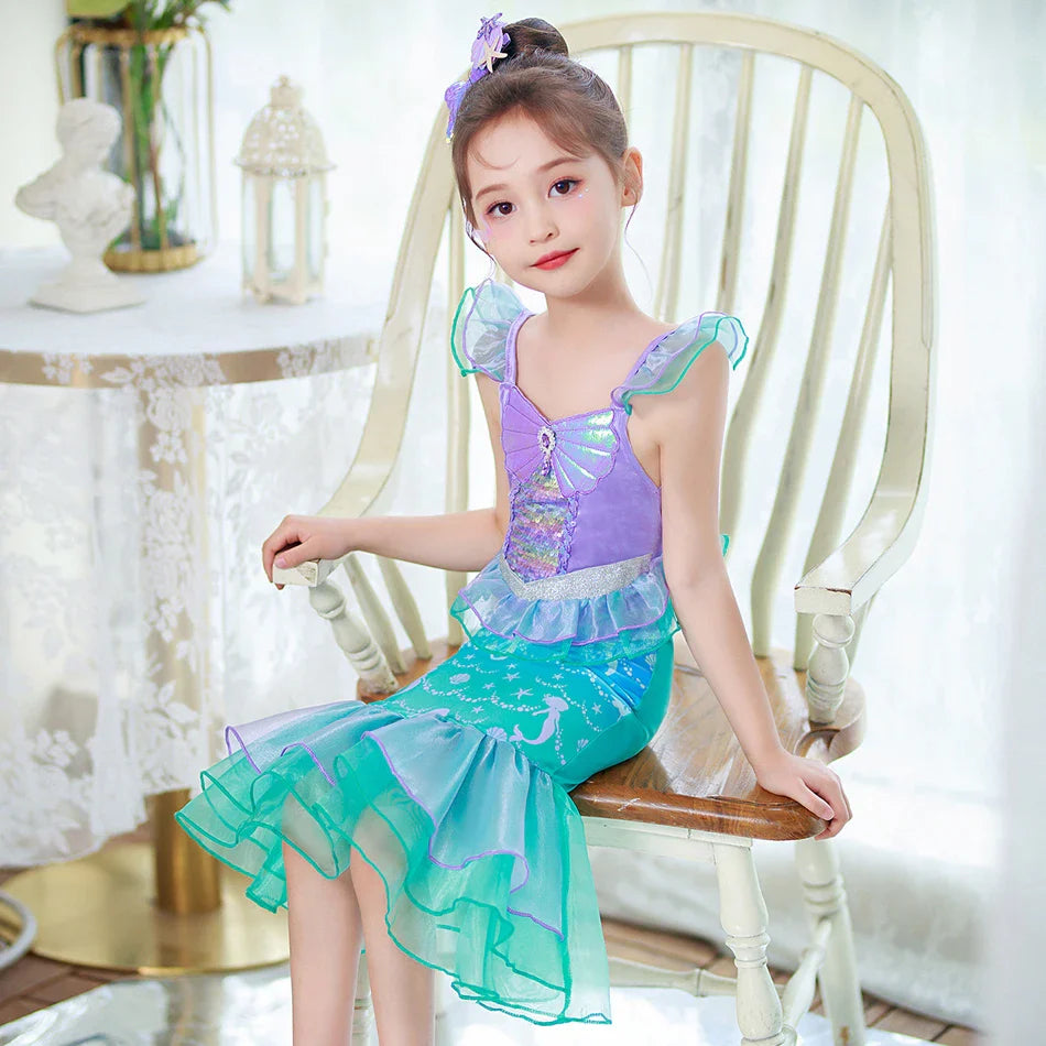 Ariel Cosplay Princess Costume Kids Cartoon Printed Dress Girls Halloween Children Carnival Birthday Party Clothes