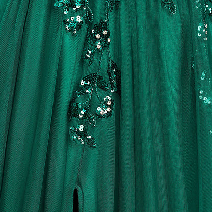 Sling Evening Dresses Prom Dress V-Neck A-Line Train High Split Gowns Sexy Spaghetti Straps Illusion Sequins Appliques
