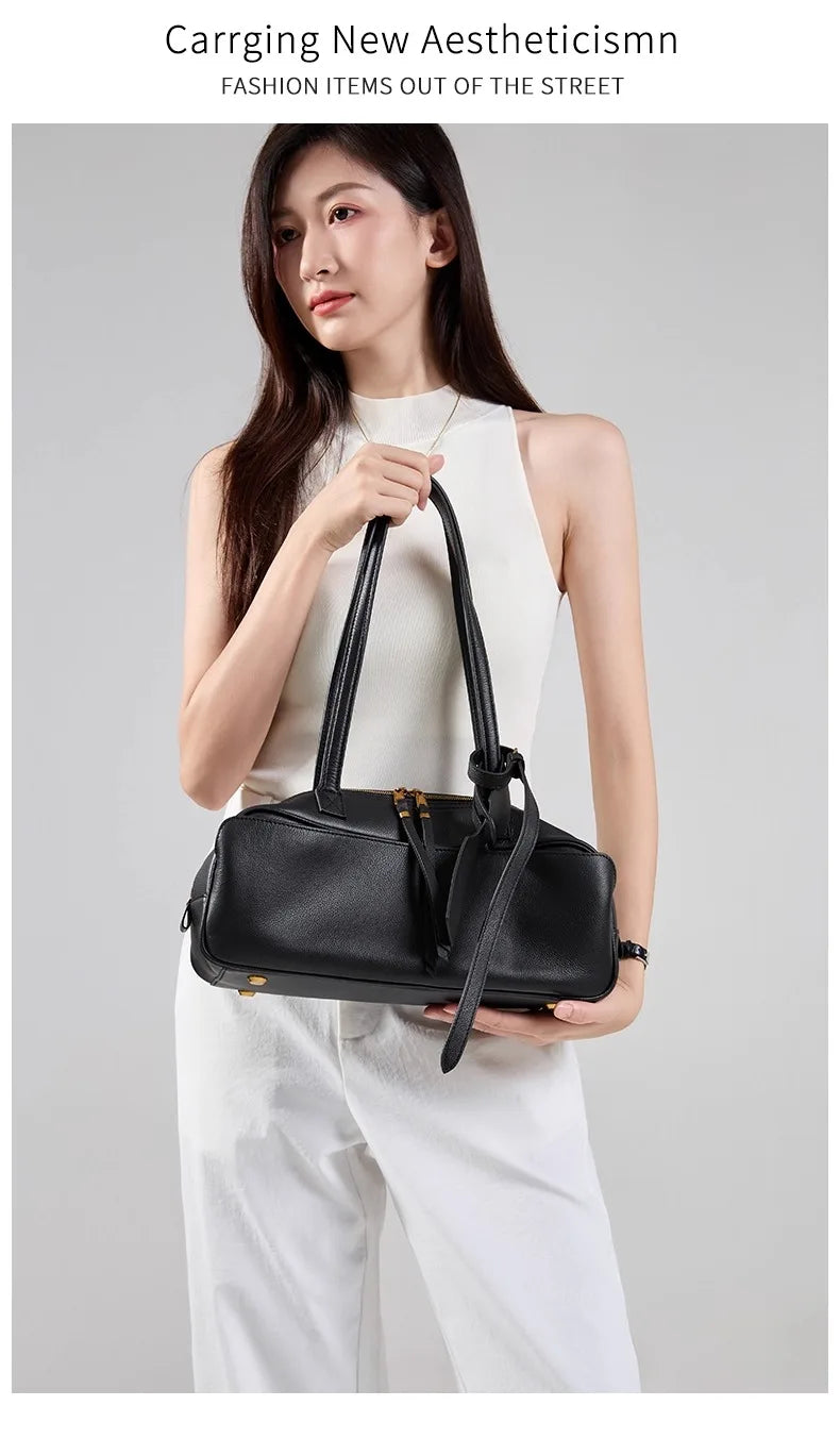 High version genuine leather pillow bag for women 2025 new all-match large capacity first layer cowhide bowling bag for women