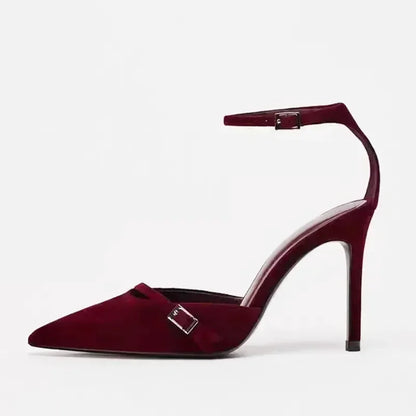 Elegant Burgundy Suede Ankle Strap High Heels Women Sexy Pointed Toe Buckle Strap Women Pumps Designer Party Shoes Heels Wedding