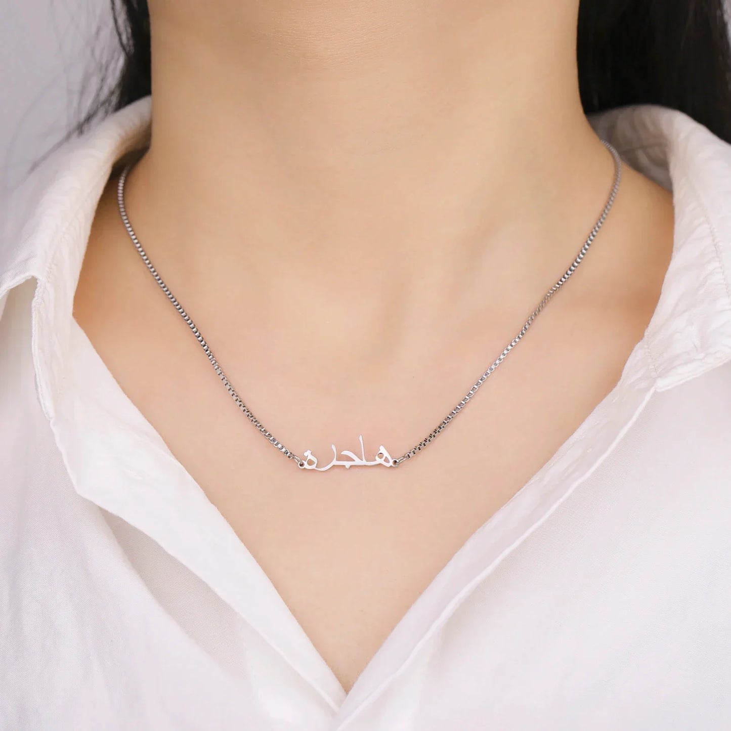 Personalized Arabic Name Necklace for Women Men Custom Arabic Stainless Steel Pendant Jewelry Customized Necklace Box Chain Gift