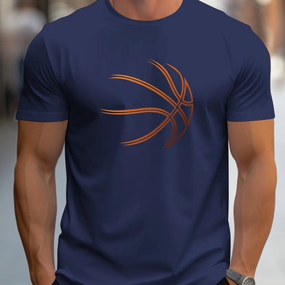 Summer men's 100% cotton comfortable casual loose oversized basketball pattern print sports round neck short sleeved T-shirt