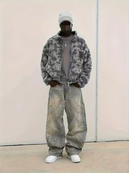 European and American Street Graffiti Wide-Leg Jeans for Men, Loose Oversize Vintage-Style Casual Trousers
