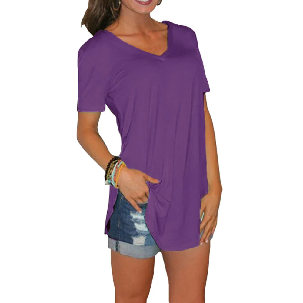 Summer solid color blouse V-neck short sleeve loose T-shirt hem arc women clothes