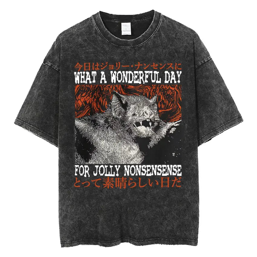 Amare Box No Thoughts Head Empty Japanese T-shirt Funny Capybara Vintage Washed T Shirt Men Women Casual Loose Short Sleeve Tees