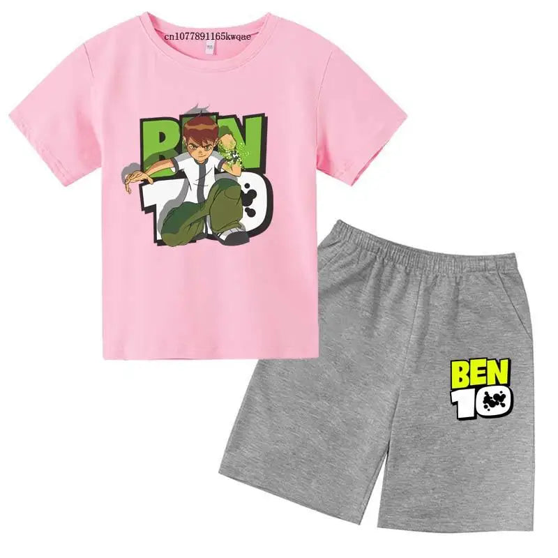 Kids Cartoon Ben Tennyson 10 Print Summer 2pcs Breathable Tees+Shorts Sports Suits 2-13Years Boys Girls Outfits Children Clothes