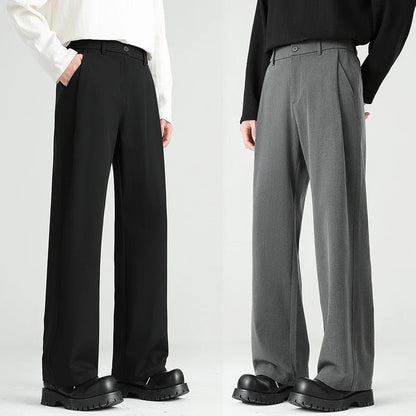 Men's Spring Essential Suit Pants Elastic Waist Loose Straight Black Gray Casual Business Work Slacks Fashion Trendy Daily Wear