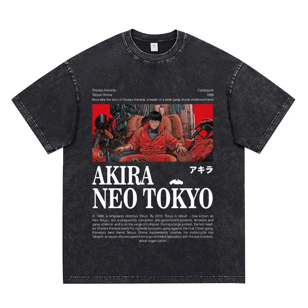 Japanese Anime Akira Washed Vintage T Shirt Science Fiction Cartoon Movie Shotaro Kaneda T-shirt Men Women Cotton Casual T-shirt
