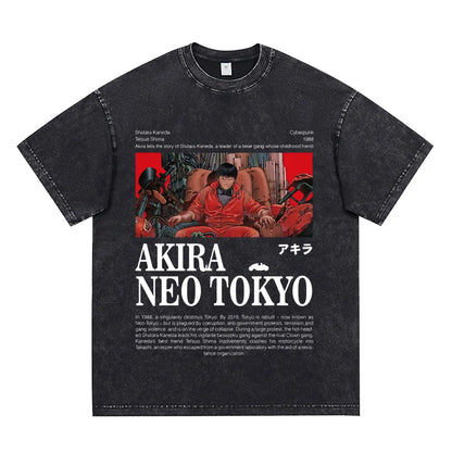 Japanese Anime Akira Washed Vintage T Shirt Science Fiction Cartoon Movie Shotaro Kaneda T-shirt Men Women Cotton Casual T-shirt