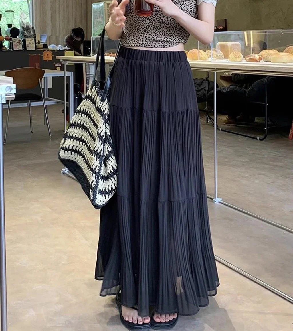 Women's High Waist Pleated Maxi Skirt, Casual A-Line Flowy Tiered Long Skirt, Elegant Beach Vacation Skirts for Ladies