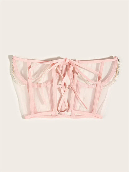 Pearl Chain Bustiers Tied Waspie Wide Belt Cinchers Underwire Lace-up Underbust Corset Bustier Corsets Tops Boned Corset