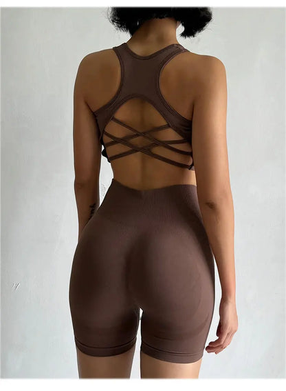 High Waist Butt Lifting Fitness Suit Gathering Beautiful Back Yoga Suit Bras Quick-drying Running Peach Buttock Training 2PCS