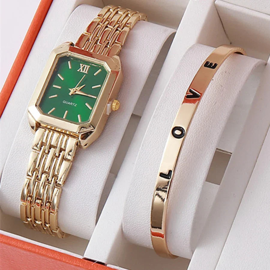 Luxury Women's Quartz Watch Set Fashion Alloy Band Business Ladies Watches Square Quality Gold Plated Folding Female Clock