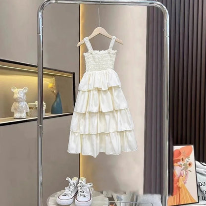 Girls Sling Dress Summer Children Layers Slip Long Gown Kids Birthday Party Vestidos Clothes Teen Casual Sleeveless Dress 4-12Y