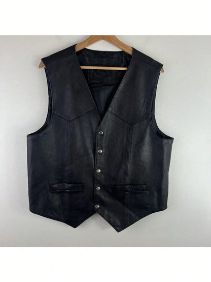 Men Soft 100% Leather Vest Snap Western Mens Gift Holiday Attire Informal Biker