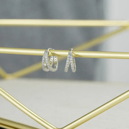 925 Sterling Silver Fashion Luxury Shiny Double Layer Zircon Huggies Hoop Earrings for Women Plated 18k Gold Fine Jewelry