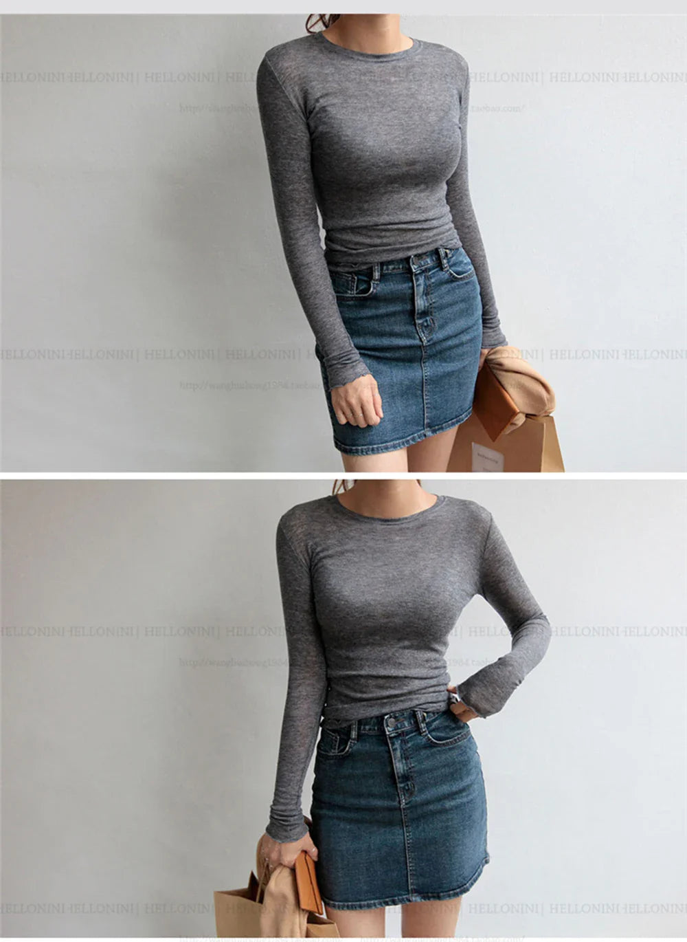 Plain T Shirt Women Cotton Elastic Basic T-shirts Female Casual Tops Long Sleeve Sexy Thin T-shirt see through