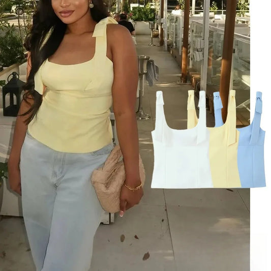 Sexy Chic Yellow Bow Tops Women Zipper Tie Up Slim Short Cami Tops Women Fashion 2025 Summer Elegant Y2K Girl Blouses
