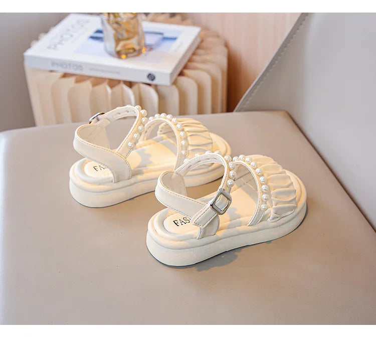 Girls Sandals Kids Summer Shoes Children's Beach Sandals with Pearls Princess Sweet Anti-slippery Open Toes Lace Chic Beading
