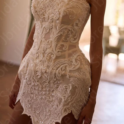 Customized Two Pieces Wedding Dresses 2025 Lace Bridal Gowns Strapless Bride Dresses with Detachable Train Wedding Gown High Low