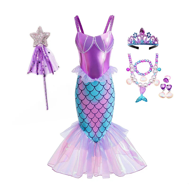 New Ariel Princess Little Mermaid Dress Girl Charm Cosplay Costume Kids Birthday Party Halloween Disguise Clothes