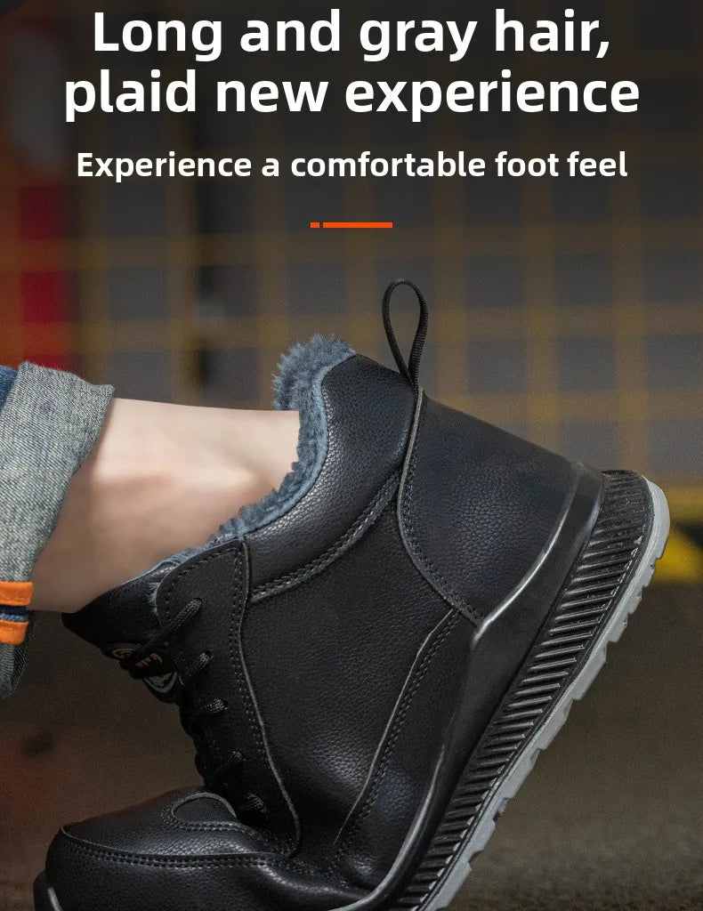 Plush Labor Protection Shoes for Winter Work Shoes Men's Anti Smashing Anti Piercing Microfiber Leather Work Cotton Safety Shoes