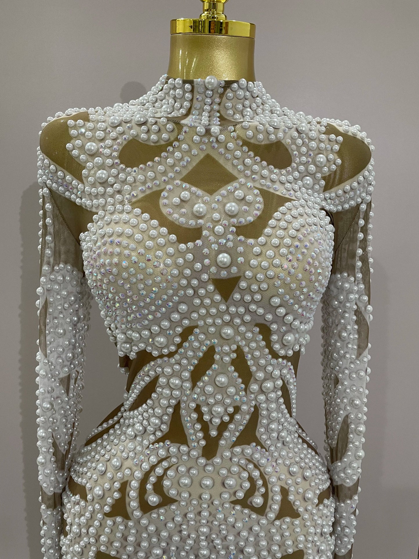 2025 New High-end Elegant Evening Gown AB Rhinestones Pearls Luxury Long Sleeves Mesh Dress Women Cocktail party Wedding Costume