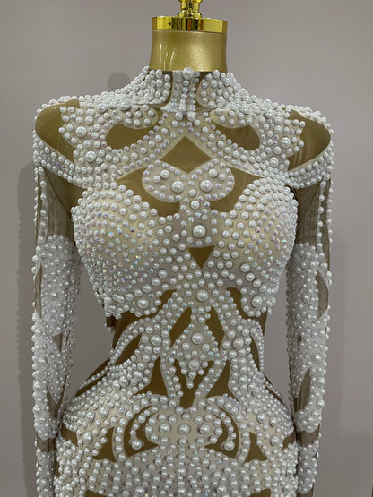 2025 New High-end Elegant Evening Gown AB Rhinestones Pearls Luxury Long Sleeves Mesh Dress Women Cocktail party Wedding Costume