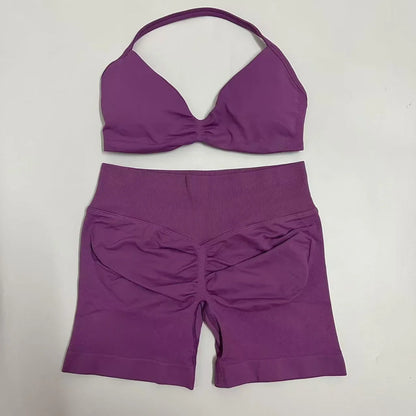 Impact Womens 2 Piece Yoga Set Strappy Seamless Sports Bra and High Waist Scrunch Shorts for Gym Workout and Fitness Training