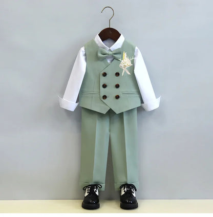 Children's Boys Autumn Formal Green Suit Boys Wedding Suit Children 1 To 14yrs Kids Blazer Pant Bowtie Flower Boys Suits Outfits