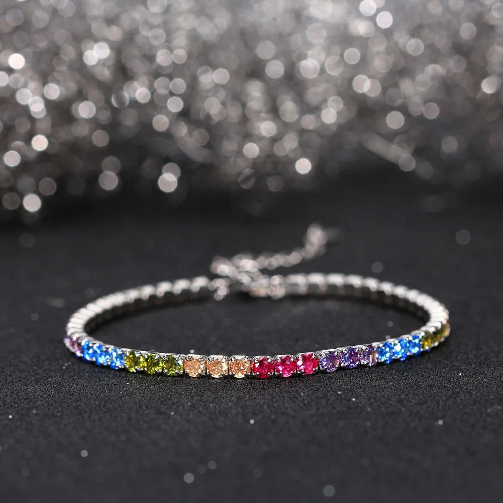 Fashion 3mm Bezel Setting Colorful 4A Cubic Zirconia Tennis 925 Sterling Silver Adjustable Bracelet for Women SB192