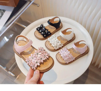 Little Girls Floral Bohemian Sandals with Beads Princess Sweet Kids Summer Shoes Open Toes Anti-skid Size 22-31Hook & Loop Cute
