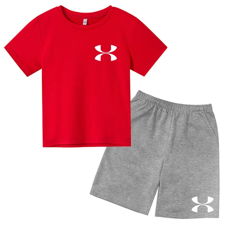 Fashion Two-Piece Casual t-shirt Set Kids  Summer Sports Short-Sleeved Boy Girl 3-13Yrs  T-shirt +Shorts
