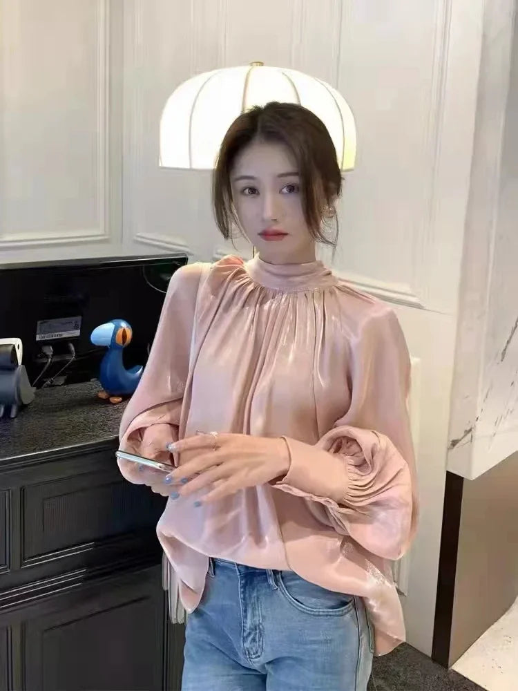 Women's Satin Blouses Stylish Big Bow Shirts 2023 Spring Autumn New Fashion Korean Edition Casual Puff Sleeve Female Solid Top