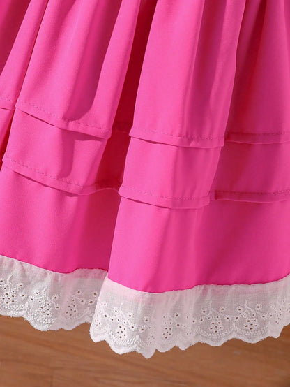 Little Girl's Romantic and Elegant Ladylike Rose-Red Princess-Style Dress, Decorated with Bows, Stylish Puff Sleeves, Suitable for Birthday Parties, Holiday Events, and Photography. Suitable for Little Girls Aged 4-7,