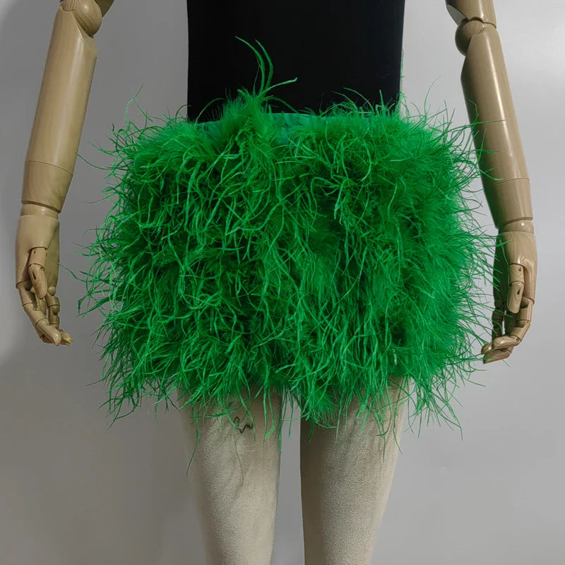 True ostrich feather Multicolor Mini Skirt Elastic Waist  Sexy Clothing Club Party Dance Rave Short Skirt Note select 3 colors