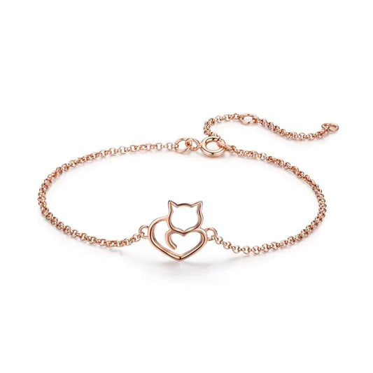 100% 925 Sterling Silver Cat And Heart Link Chain Bracelets & Bangles for Women Authentic Silver Jewelry Gift 3 Colors