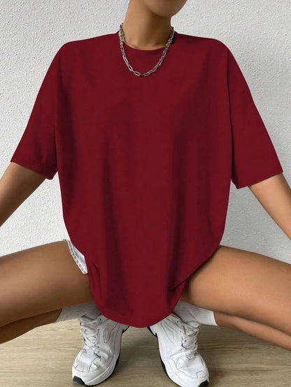 Camiseta Feminina de Manga Curta Cor Sólida para Fitness, Algodão Macio, Respirável, Roupas Confortáveis, Básica, Versátil, Solta