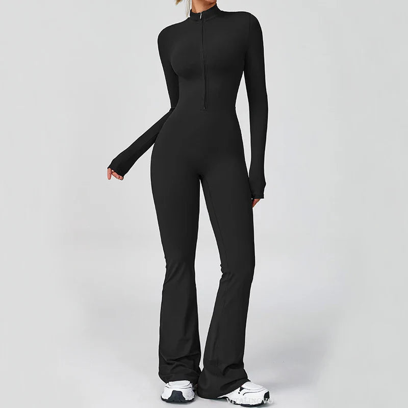 VITALINOVO Women Long Sleeve Flare Workout Jumpsuit Zip Up Romper Bottom Pants Wide Leg Full Length Bodysuit Bodycon One Piece
