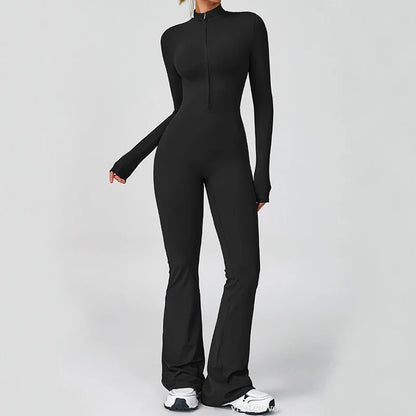 VITALINOVO Women Long Sleeve Flare Workout Jumpsuit Zip Up Romper Bottom Pants Wide Leg Full Length Bodysuit Bodycon One Piece