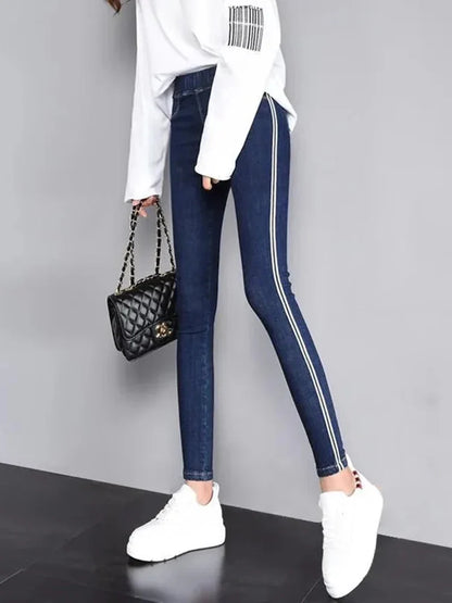 Side Striped Skinny Stretch Pencil Jeans Pants Women Elastic High Waist Vaqueros Vintage Oversize 5xl Ankle Length Denim Spodnie