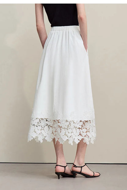 Women's Skirt 2026 Summer New Elastic Waist Cutout Lace Hem Midi Casual Loose Fit Floral Trim Skirt For Women 12622106